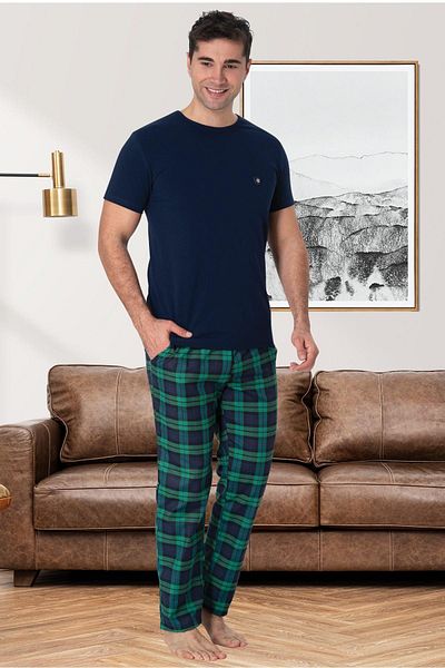 Mecit Pijama Βαμβακερό, καρό σχέδιο, κοντό μανίκι, λαιμόκοψη, ανδρικό σετ πιτζάμες μεγάλου μεγέθους Navy Blue