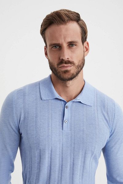 Hemington Polo Collar Striped Cashmere Blue Sweater