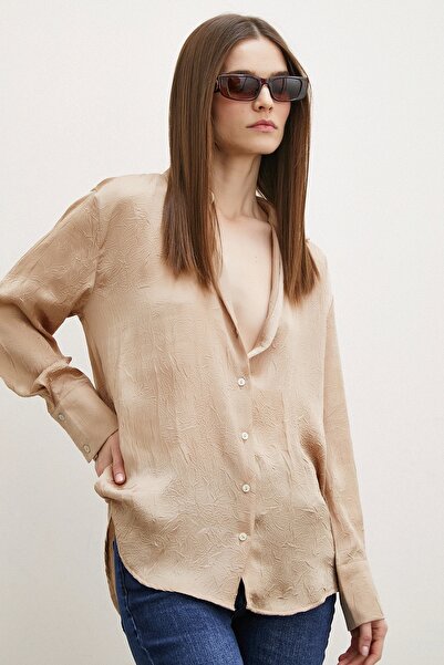 Never more Kraşlı Saten Gömlek Vizon