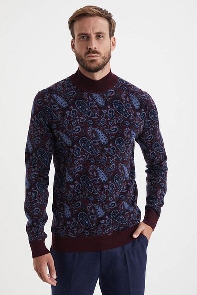 Hemington Silk Merino Wool Blended Claret Red Turtleneck Sweater