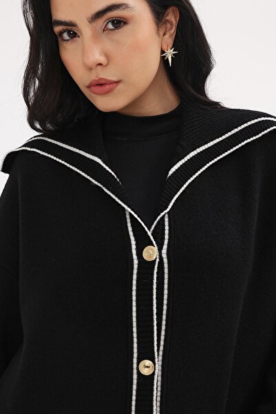 Uludağ Triko Women's Black V-Neck Striped Shoulder Detailed Buttoned Knitwear Long Cardigan