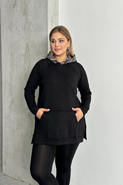 Stil Diva Patterned Hooded Oversize Sweatshirt - Long Sleeve, Pocket and Side Slit 300318