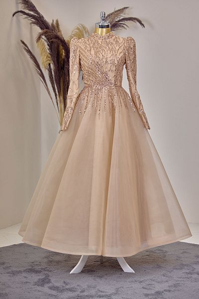 Surikka Mila Evening Dress with Front Draped Applique Embroidery - Gold