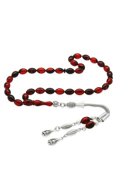 Tesbihane Non-Tarnish Metal Water Drop Tasseled Barley Cut Wrist Size Red-black Fire Amber Prayer Beads