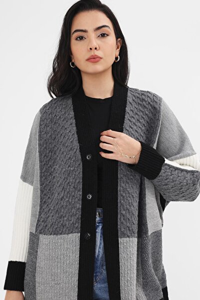 Uludağ Triko Women's Black Buttoned V-Neck Long Patchwork Pattern Knitwear Cardigan