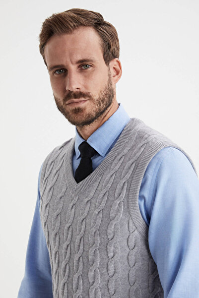 Hemington Örgü Desen Açık Gri Lambswool Yün Triko Süveter