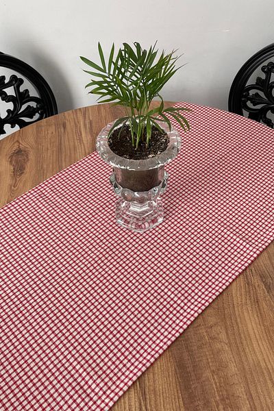 KAMİZ Red Gingham Linen Runner 40X150 cm