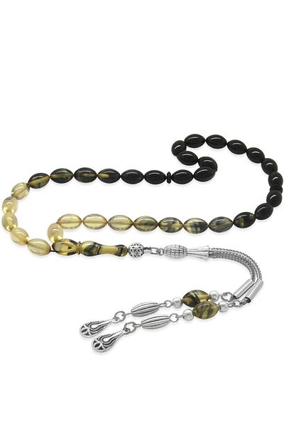 Tesbihane Non-Tarnish Metal Water Drop Tasseled Barley Cut Straining White-black Fire Amber Prayer Beads