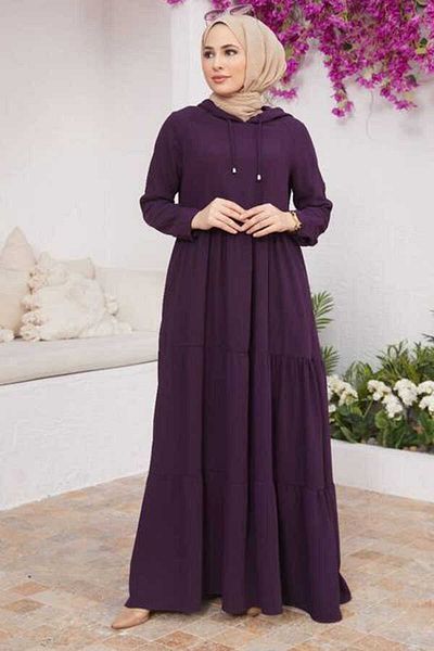 Neways 6531-Plum Hooded Raglan Sleeve Crepe Dress