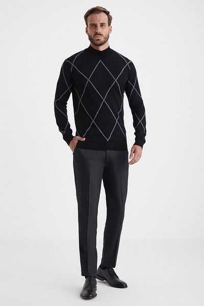 Hemington Argyle Patterned Half Turtleneck Merino Wool Black Knitwear