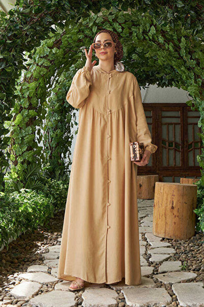 Neways 6635-Parça Boyalı Brit Düğmeli Denim Ferace Bej