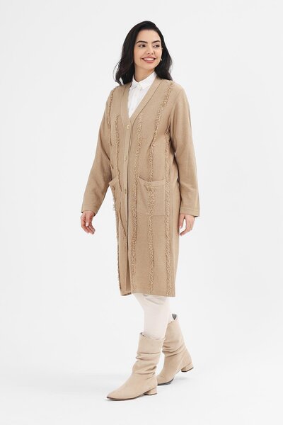 Uludağ Triko Women's Milk Coffee Tasseled Long Cardigan