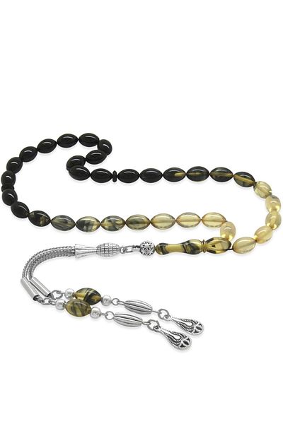 Tesbihane Non-Tarnish Metal Water Drop Tasseled Barley Cut Straining White-black Fire Amber Prayer Beads