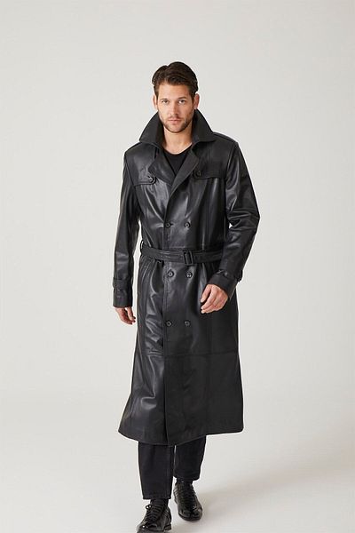 Deriderim Black Matrix Double Breasted Trench Coat - Men's Genuine Leather Coat with Button Closure, Slit and Belt