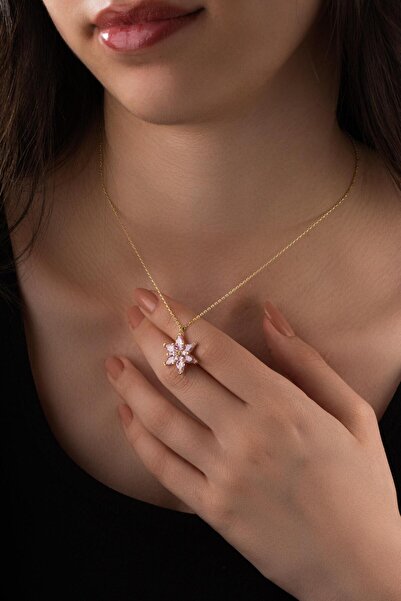 Spossy Silver Jewelry 925 Ayar Gümüş, 14 Ayar Gold, Pembe Taşlı Çiçek Kolye, ...