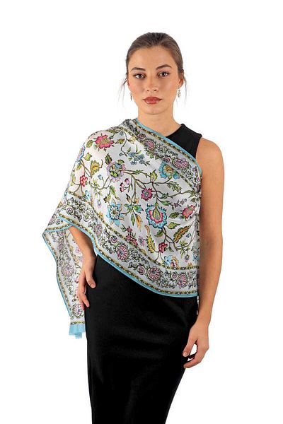Bursa İpek Blue Lilies Pattern Voile Silk Scarf