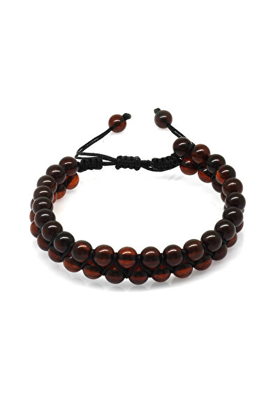 Tesbihane Double Row Macrame Braided Globe Cut Red Natural Drop Amber Men's Bracelet