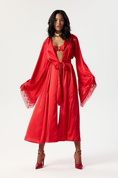 Feu De Elu Eclatant Red Lace Long Satin Dressing Gown / Kimono