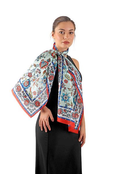 Bursa İpek Saks Lilyum Pattern Voile Silk Scarf
