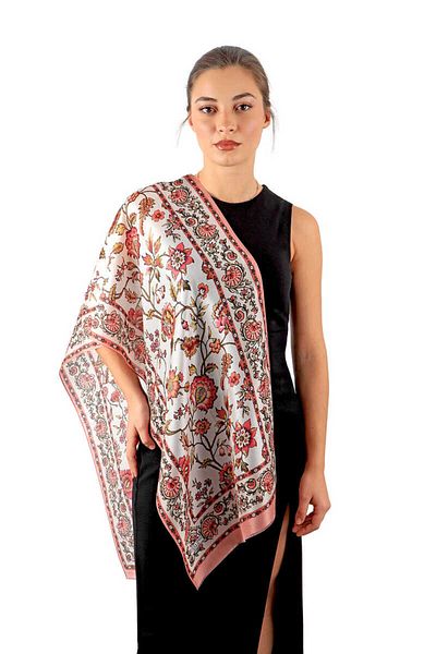 Bursa İpek Salmon Lilies Pattern Voile Silk Scarf