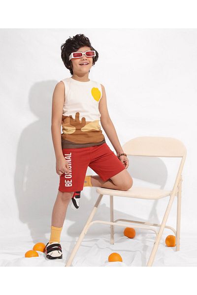 Pine kids 100% Cotton Knit Sleeveless Desert Printed Biowashed T-Shirt - Brown