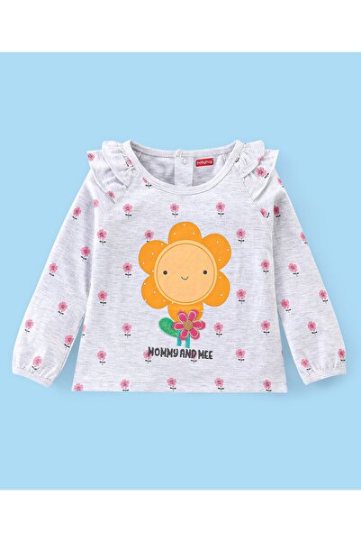 Babyhug Babyhug Cotton Knit Full Sleeves Embroidered Tee With Frill Detailing & Floral Graphic - Grey