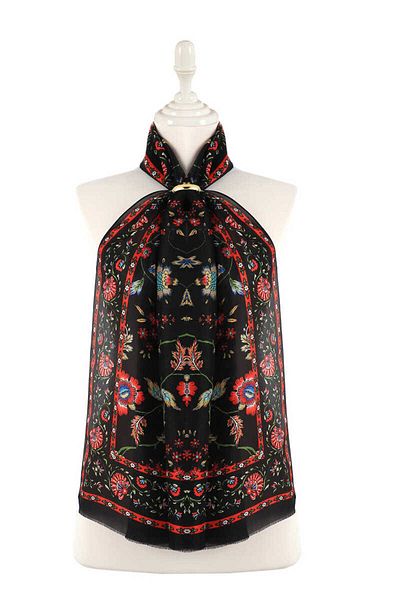 Bursa İpek Black Lilies Pattern Voile Silk Scarf
