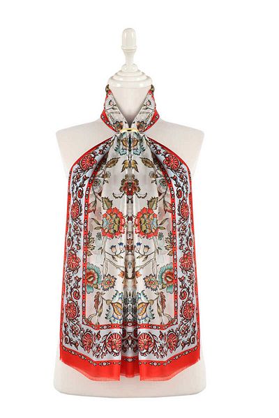Bursa İpek Red Lilies Pattern Voile Silk Scarf