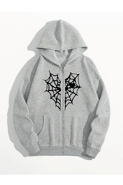 pandy 2-Piece Heart Spider Web Printed Unisex Hooded Kangaroo Pocket Oversize Zip-Up Sweatshirt / Cardigan