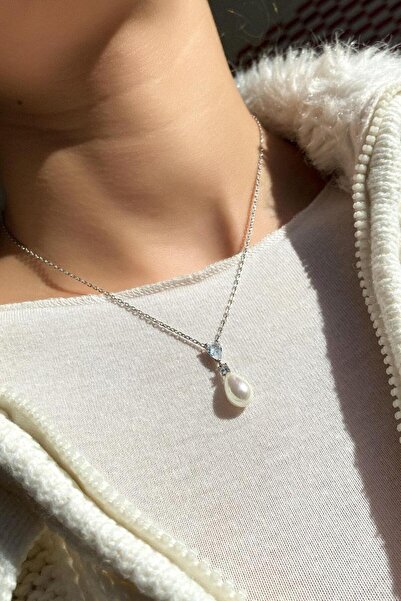 Spossy Silver Jewelry 925 Ayar Gümüş, Silver, Beyaz Damla Mayorka Inci Kolye