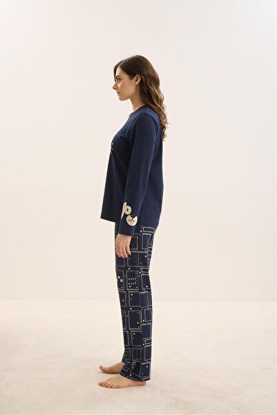 Sevim Синій жіночий піжамний комплект з довгими рукавами - C0T8N9O51