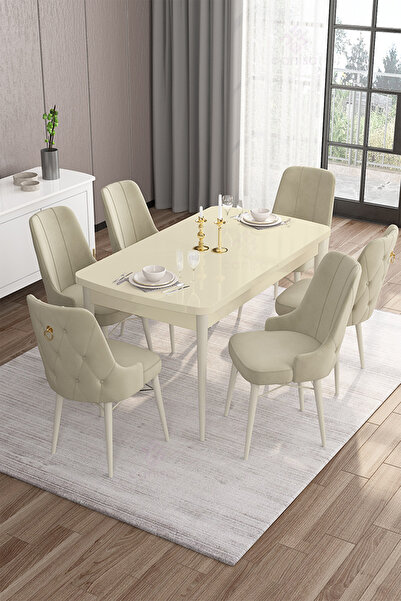Canisa Are Serisi 80x132 Mdf Açılabilir Krem Masa Takımı Ve 6 Krem Sandalye