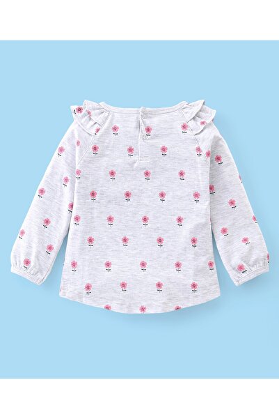 Babyhug Babyhug Cotton Knit Full Sleeves Embroidered Tee With Frill Detailing & Floral Graphic - Grey