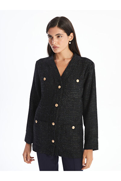 LC Waikiki LCWAIKIKI Класическо тъмносиньо карирано дамско сако с V-образно деколте от туид