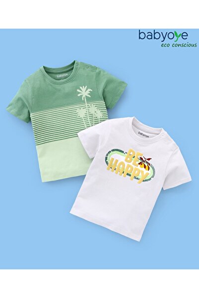 Babyoye Cotton Half Sleeves Palm Tree Printed & Text Embossed T-Shirts Pack of 2 - Green & White