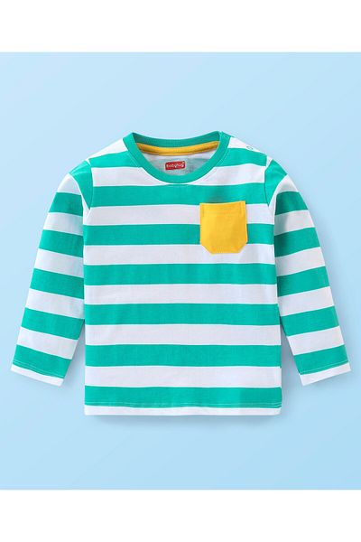 Babyhug تي شيرت مخطط بأكمام طويلة من القطن المحبوك - أخضر وأبيض