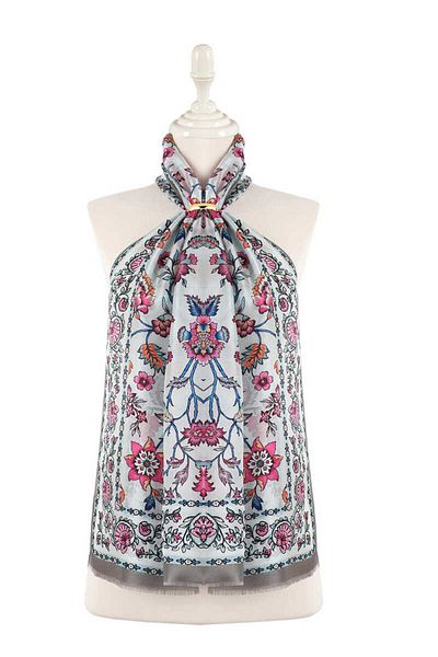 Bursa İpek Gray Lilies Pattern Voile Silk Scarf