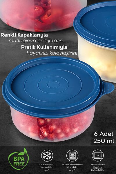 Meleni Home 6-Piece Dark Blue Round Food Storage Set - Organizer Organizer Food Container 6X250Ml