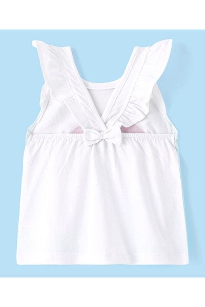 Babyhug بلوزة Babyhug 100% قطن محبوك بأكمام مكشكشة بطابع شاطئي مع طباعة معدنية - أبيض وأخضر فاتح