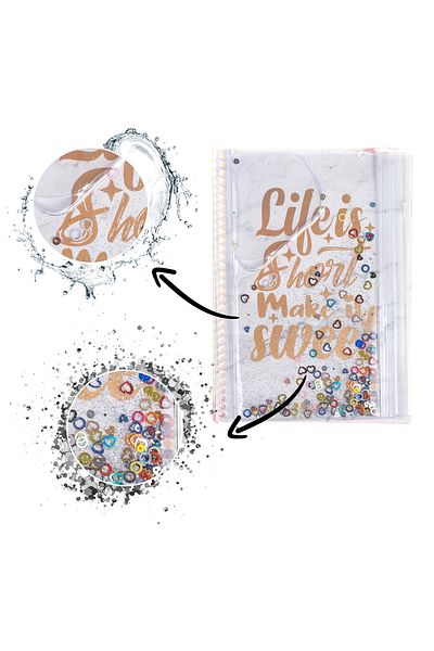 VUKİ A5 Notebook with White Marble Glitter and Watery Cover Pen Case