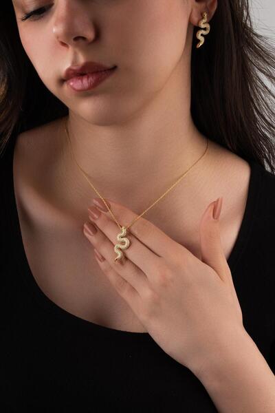 Spossy Silver Jewelry 925 Ayar Gümüş, Gold, Yılan Kolye
