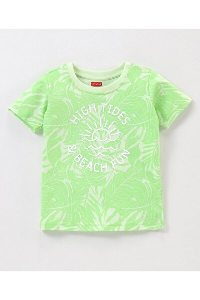 Babyhug تي شيرت قطني بأكمام نصفية مع طباعة نصية - أخضر فاتح