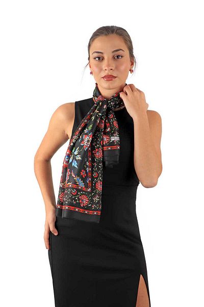 Bursa İpek Black Lilies Pattern Voile Silk Scarf