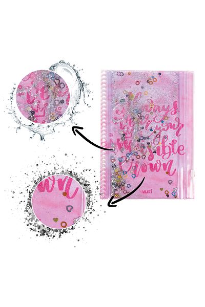 VUKİ A5 Notebook with Pink Marble Glitter and Water Cover Pencil Case