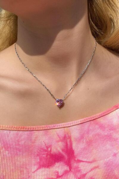 Spossy Silver Jewelry Pembe Taşlı Kalp Choker Kolye