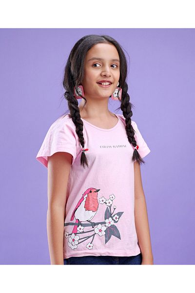 Pine kids تي شيرت 100% قطن محبوك بأكمام مكشكشة ومغسول بيولوجيًا بطبعة عصفور - وردي