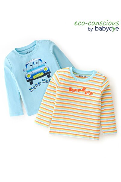 Babyoye تي شيرت بأكمام كاملة من القطن بنسبة 100% بلمسة نهائية من Eco-Jiva مخط...