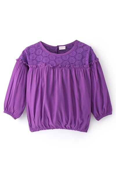 Babyhug Babyhug Rayon Woven Full Sleeves Top With Frill & Lace Detailing - Purple