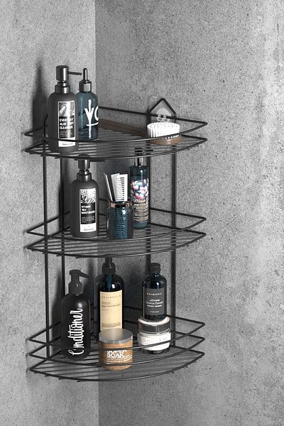 Tekno-tel TEKNOTEL 3 επιπέδων αυτοκόλλητο μπάνιο - Organizer Σετ θήκης σαμπουάν και σαπουνιού - Μαύρο ST003