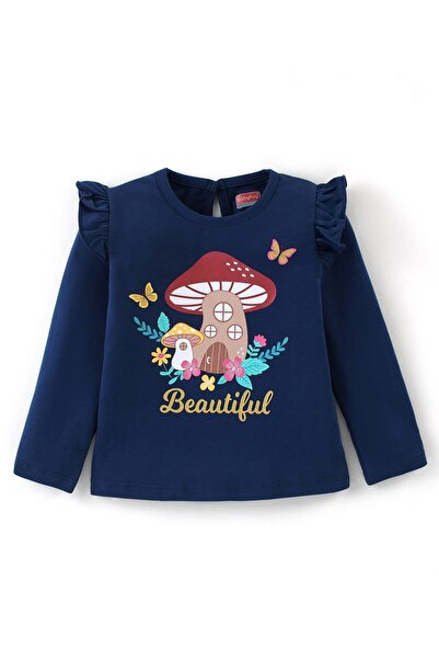 Babyhug Cotton Full Sleeves Tee With Butterfly Graphics & Frill Detailing - Navy Blue